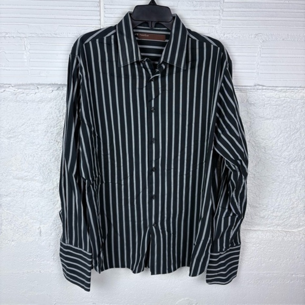 PERRY ELLIS black stripped cotton casual button up shirt size large